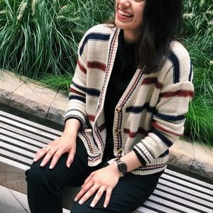 Cute chic grandma stripped sweater, button down.